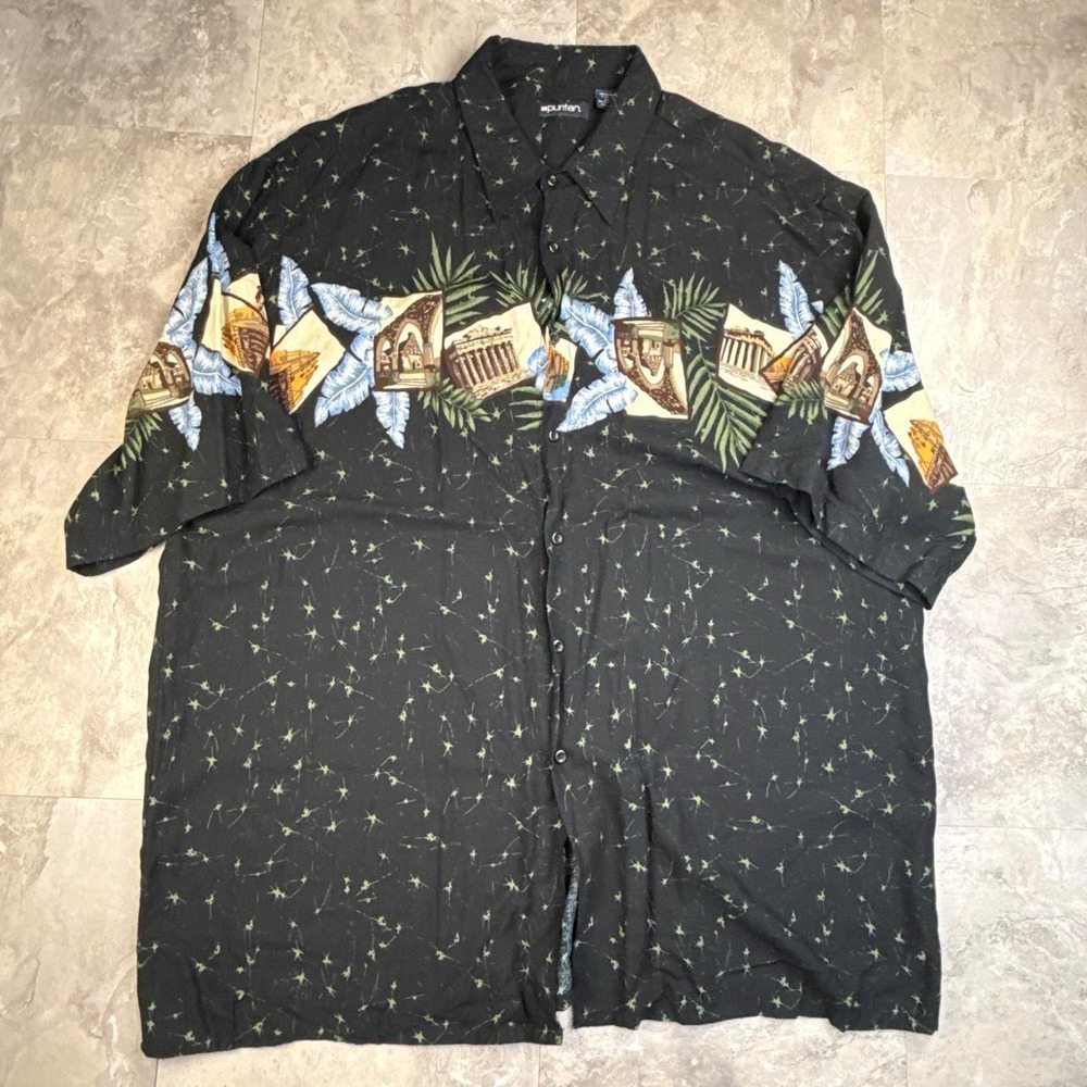 Vintage Black Puritan Landscape Graphic Hawaiian Button Up Shirt 2XL